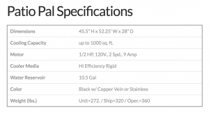 Patio Pal Specificiations